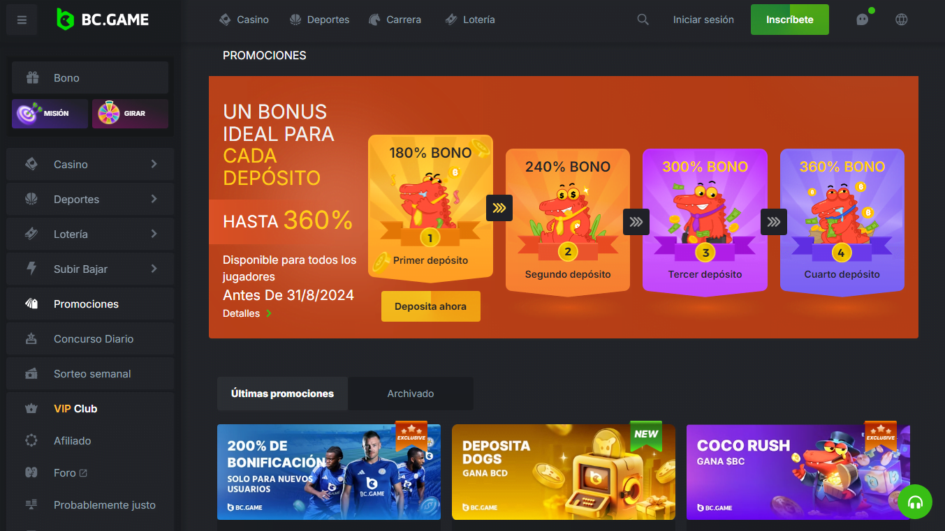 Sección de promociones de BC.Game