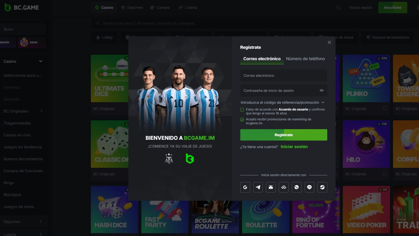 Sección de registro en el casino BC.Game