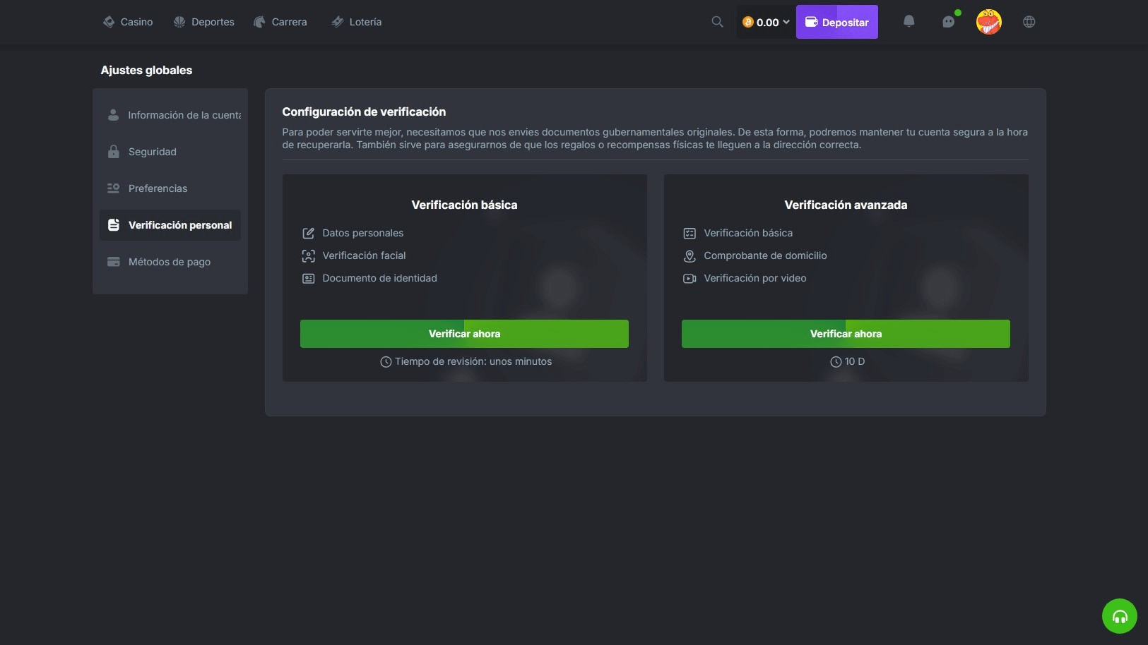 Sección de verificación personal en BC.Game