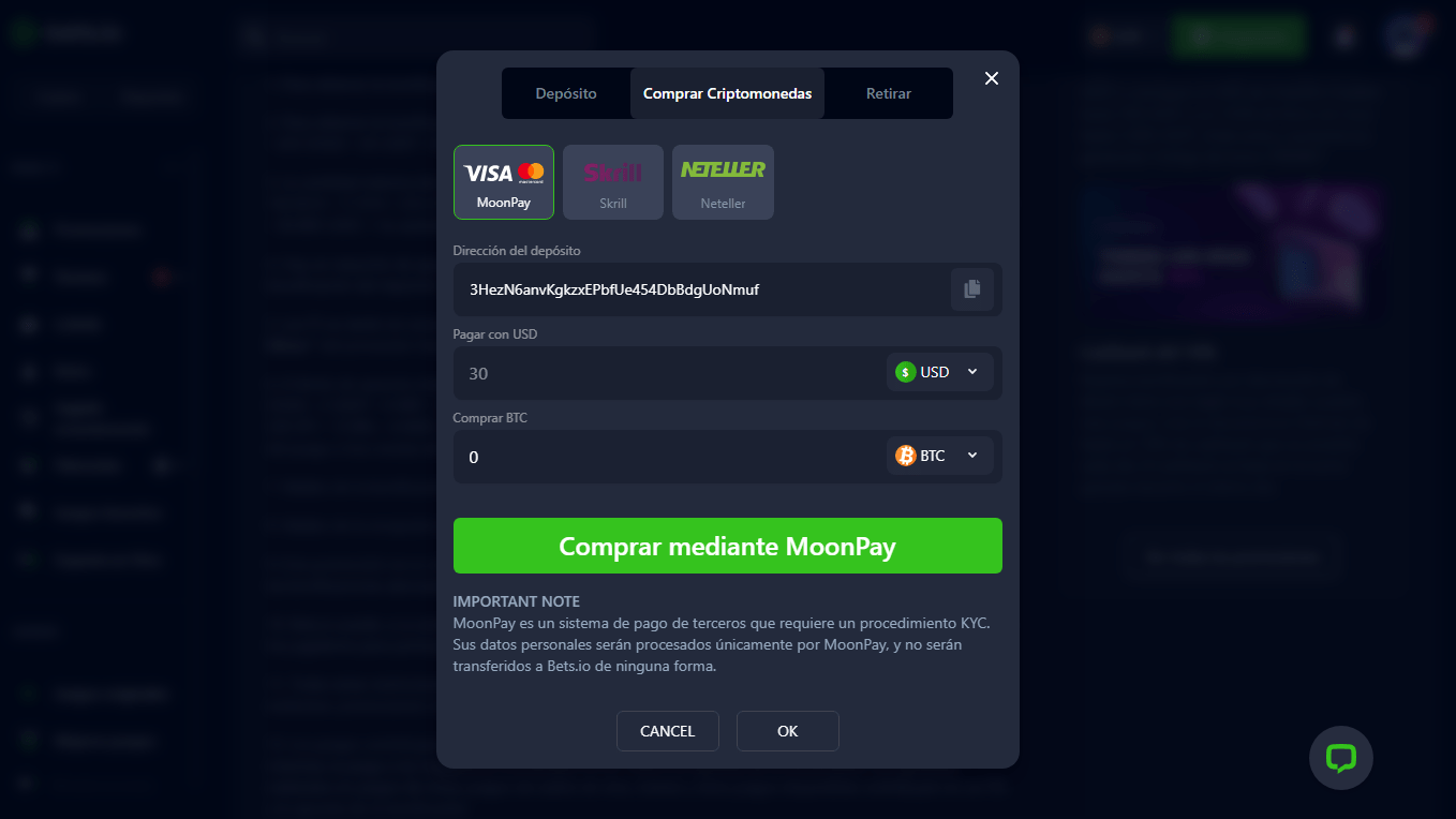 Sección para comprar criptomonedas en Bets.io Argentina