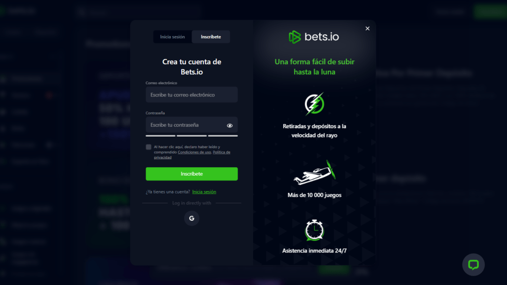 Formulario de inscripción del casino online Bets.io