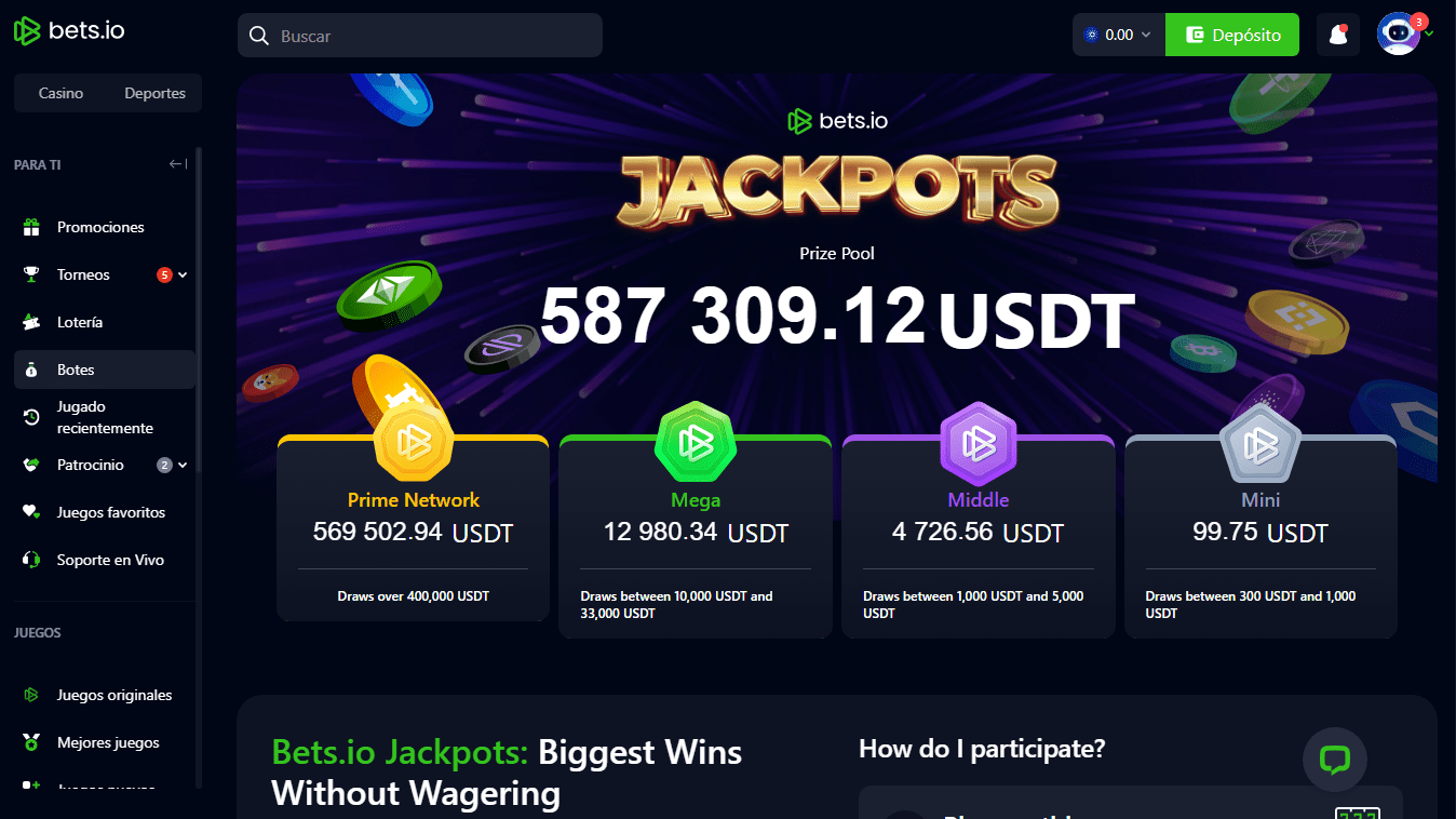 Sección de botes de Bets.io