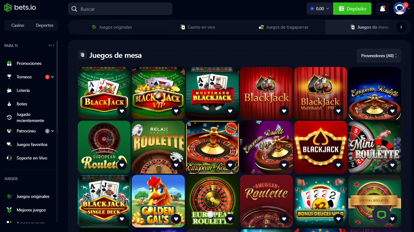 Sección de juegos de mesa de Bets.io