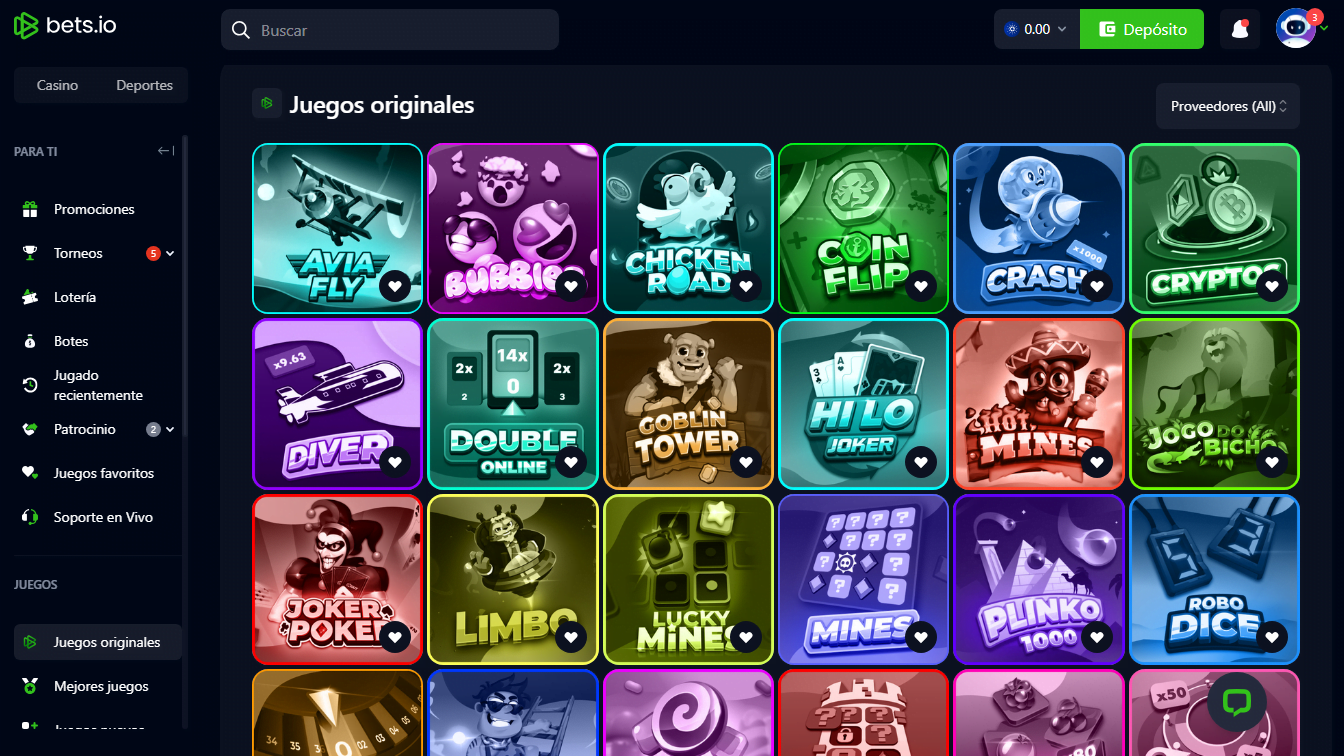 Sección de juegos originales de Bets.io