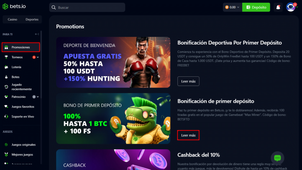 Sección de promociones de Bets.io con enfoque en el bono de primer depósito