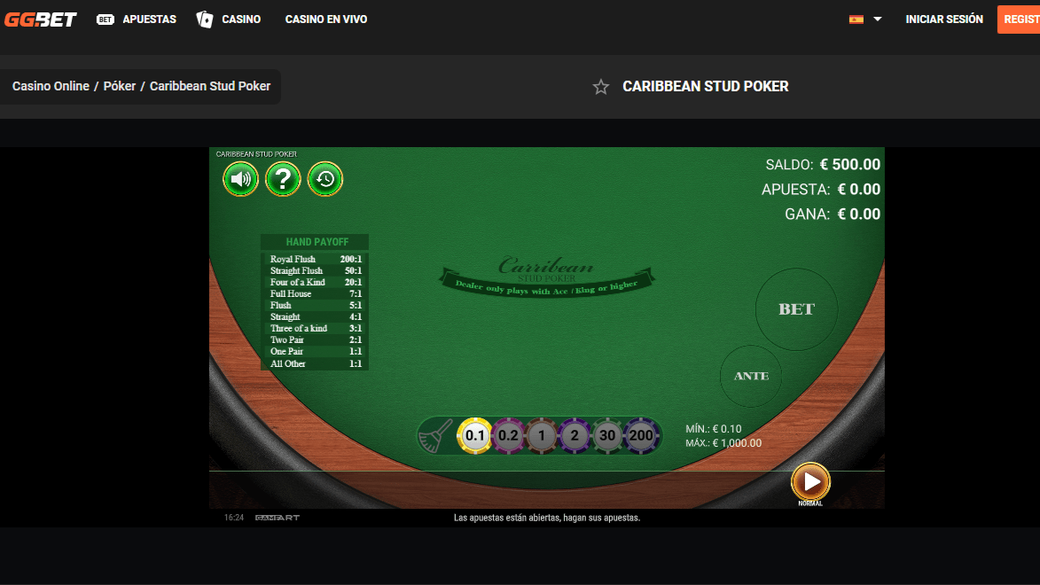 Ejemplo de juego en GG.Bet, Caribbean Stud Poker