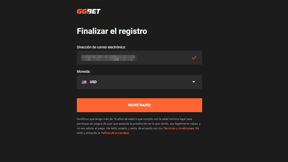 Finalizar registro en GG.Bet