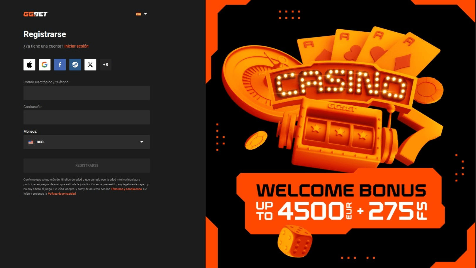 Página de registro en el casino GG.Bet