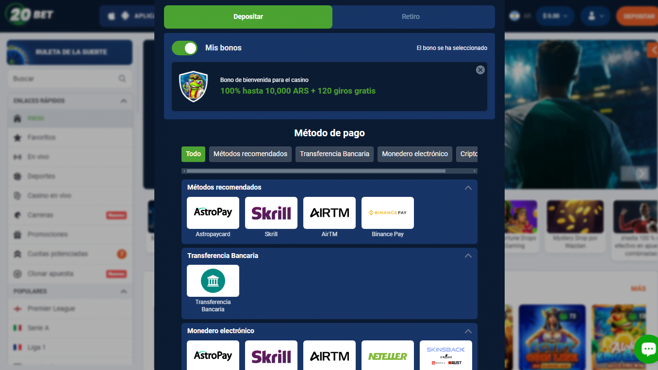 Sección de depósitos en el casino 20Bet