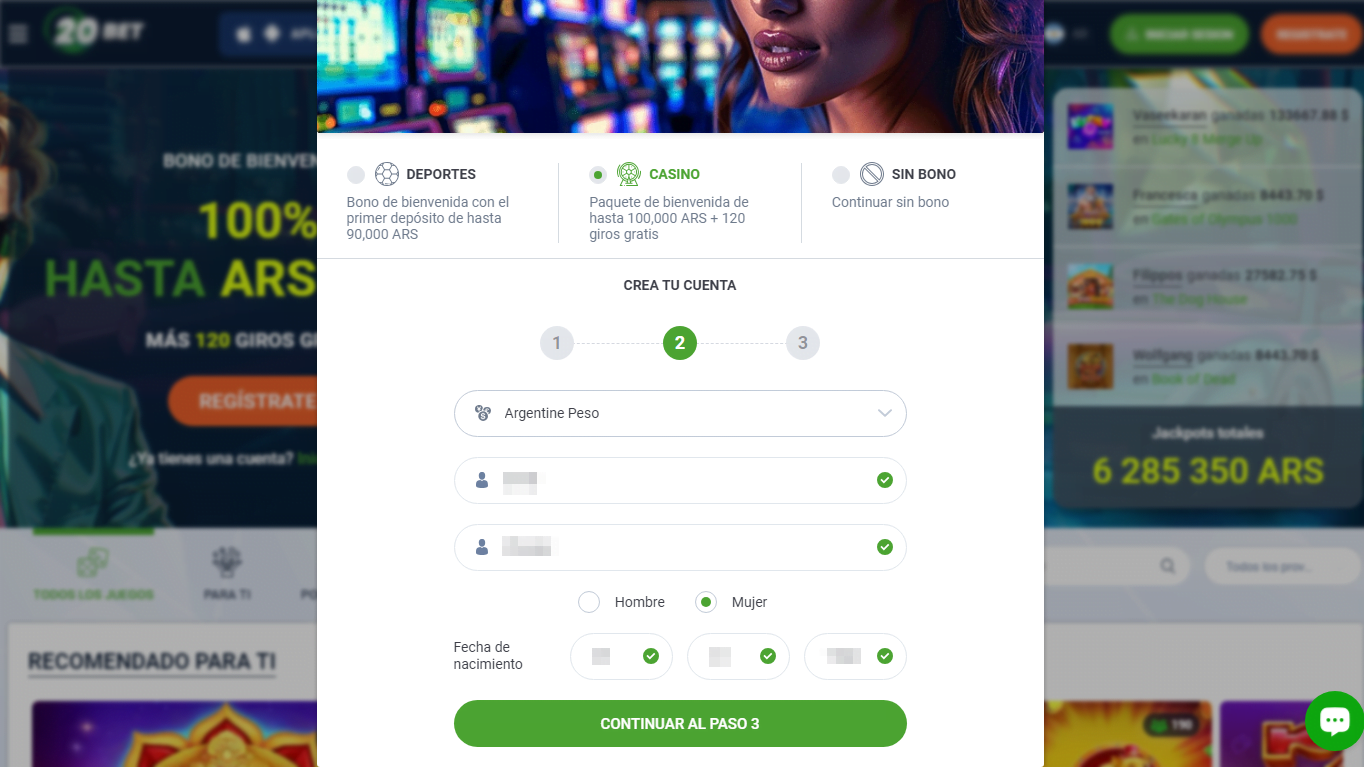 Paso 2 del proceso de registro en el casino online 20Bet