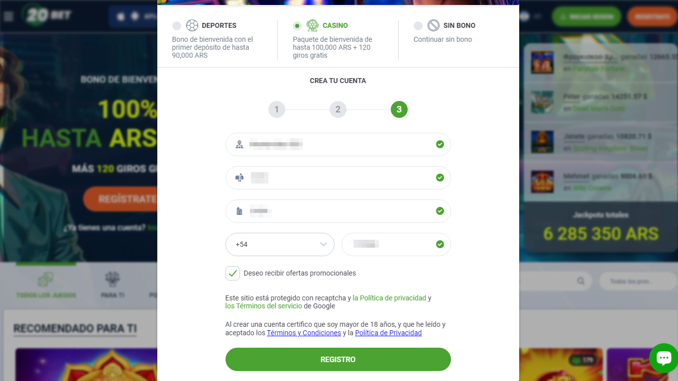 Paso 3 del proceso de registro en el casino online 20Bet