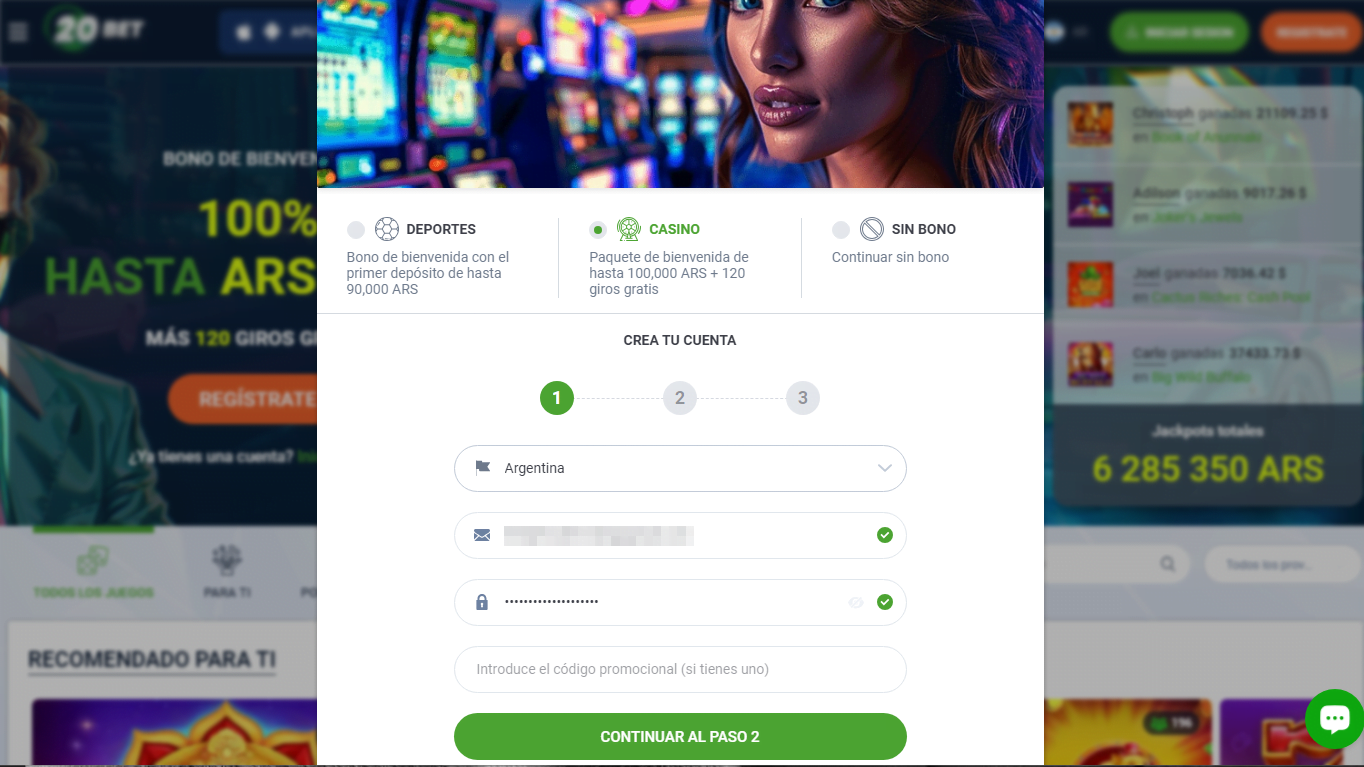 Paso 1 del proceso de registro en el casino online 20Bet