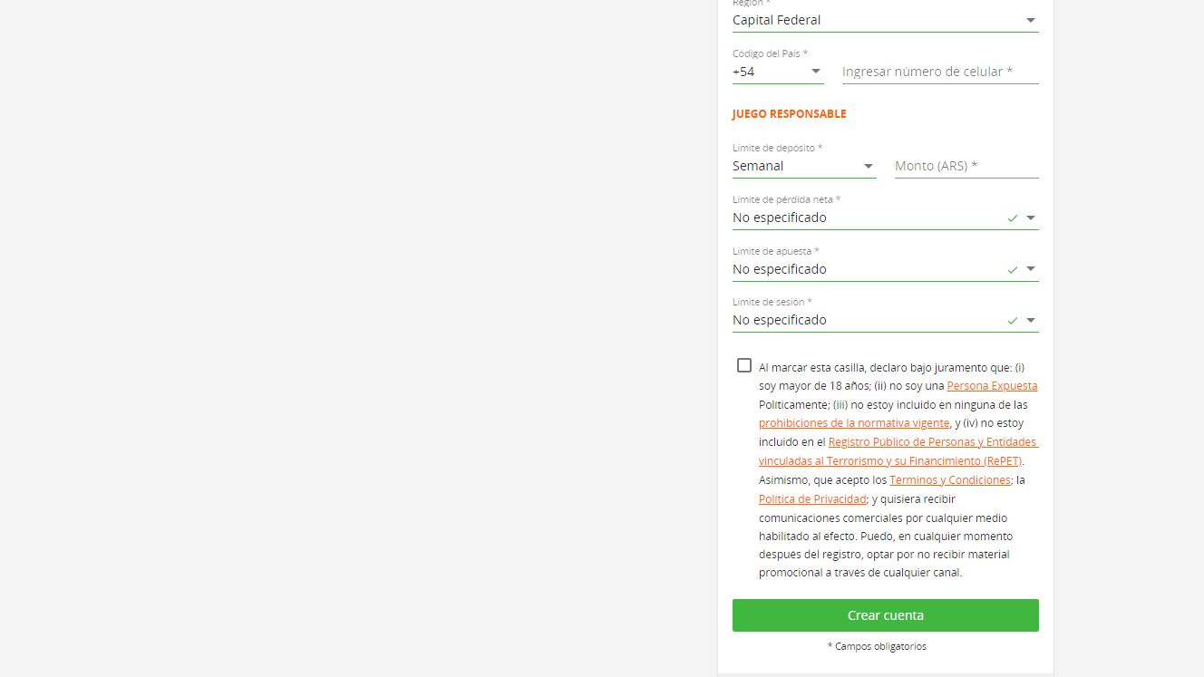 Opciones de juego responsable durante el registro en Betsson