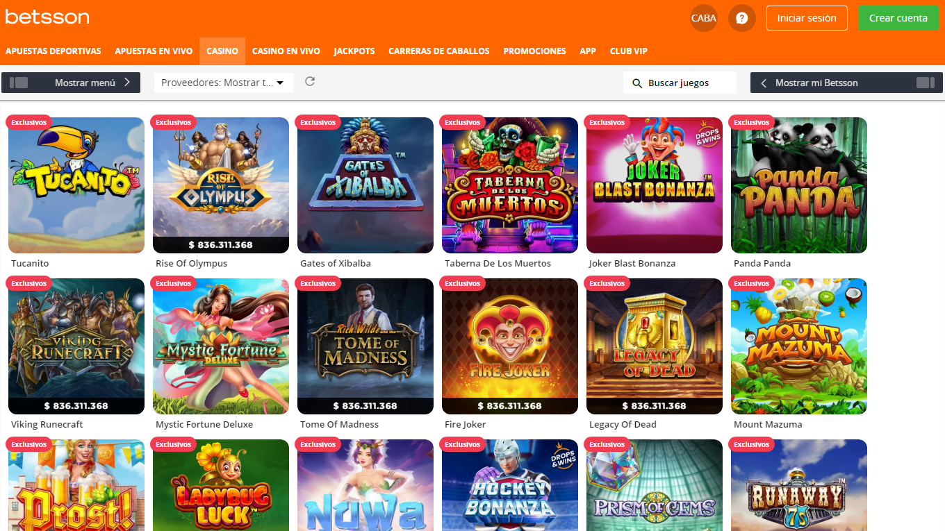 Sección de juegos exclusivos en Betsson