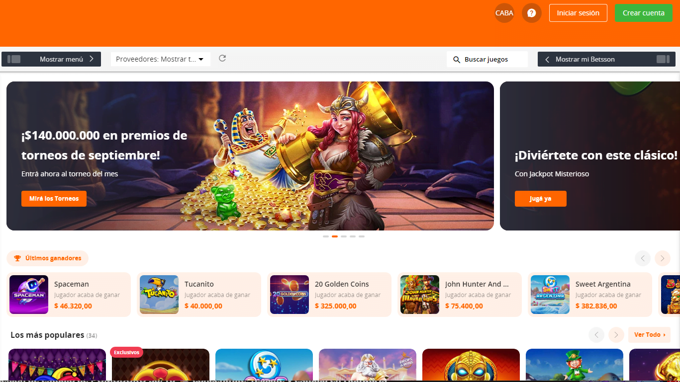 Sección de juegos en Betsson