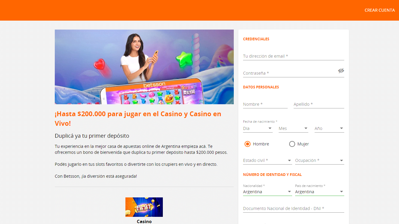 Formulario de registro en Betsson